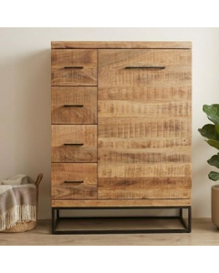 Wandkast mangohout met een deur en vier laden.