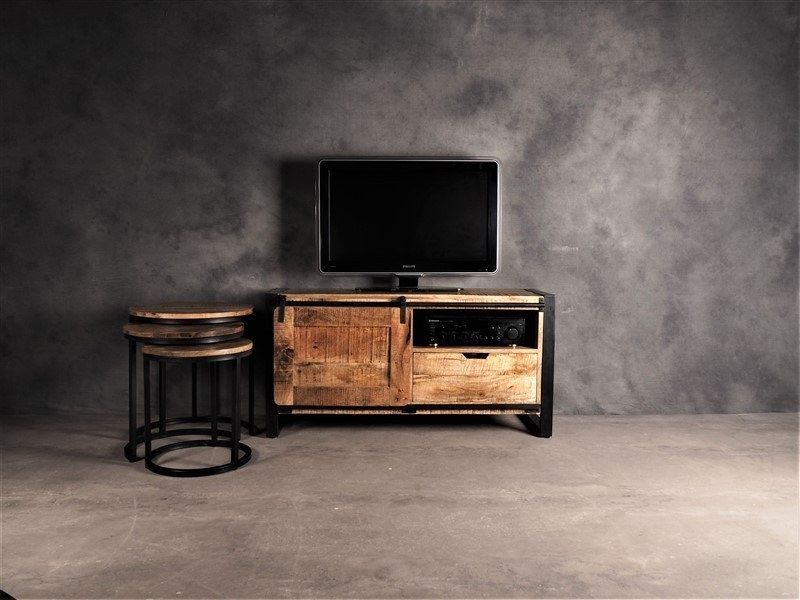 Waarschijnlijk eenzaam Stoutmoedig Industrieel tv meubel mangohout met schuifdeur naturel