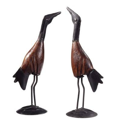 Reigers van metaal met hout: Decoratieve vogels. 30 cm hoog