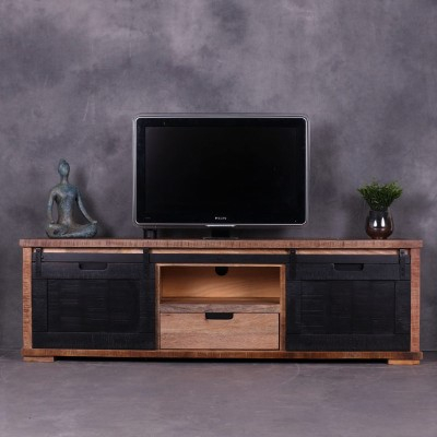 Tv meubel gemaakt van mangohout met zwarte schuifdeur en een lade.