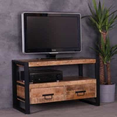 TV meubel mangohout 100 cm. Met twee lades gecombineerd met zwart staal en een open vak.