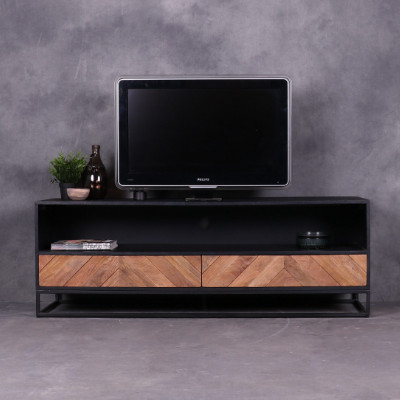 Tv meubel visgraat van 150 cm voorzien van twee laden en een open vak.