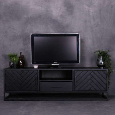 Zwart tv meubel met visgraat motief.
