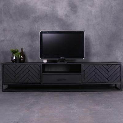 Tv meubel zwart met visgraat motief. Voorzien van een lade, twee deuren en een open vak.