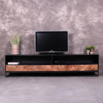 Tv meubel visgraat 220 cm breed met drie laden en open vakken.