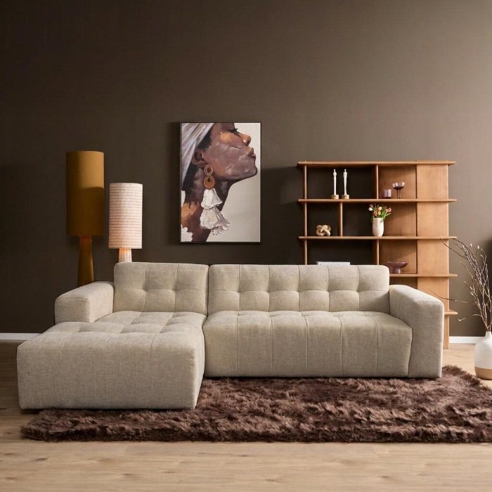 Beige hoekbank Ruby met loungedeel links sfeerbeeld woonkamer