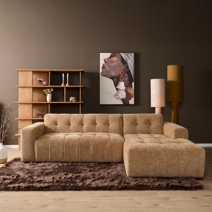 Camel hoekbank met loungedeel rechts ribstof sfeerbeeld woonkamer