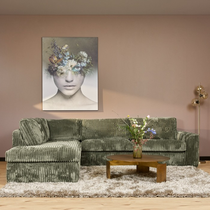 Groene hoekbank Teddy ribstof met divan links sfeerbeeld woonkamer