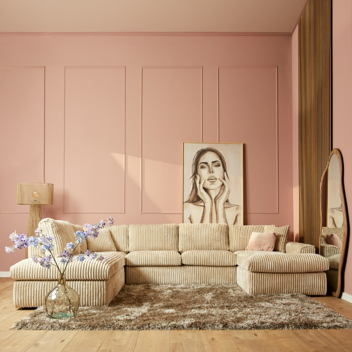 Beige ribstof U-bank Teddy met divan links sfeerbeeld woonkamer