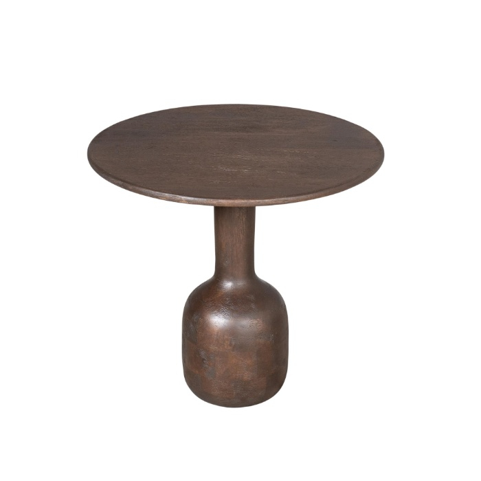 Ronde bijzettafel Donna van bruin mangohout met flesvormige voet