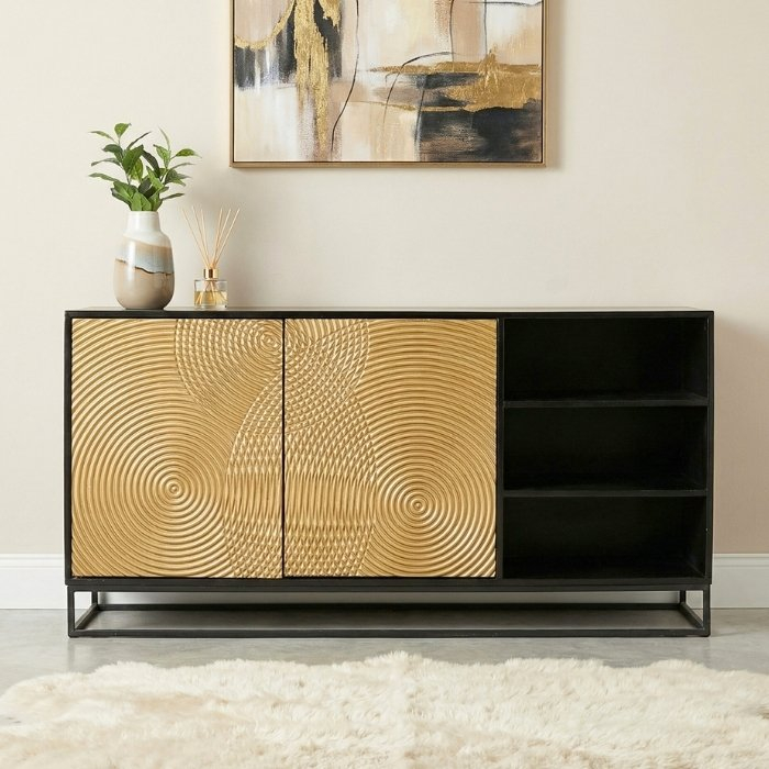 Mangohout dressoir zwart met gouden deuren 150 cm.