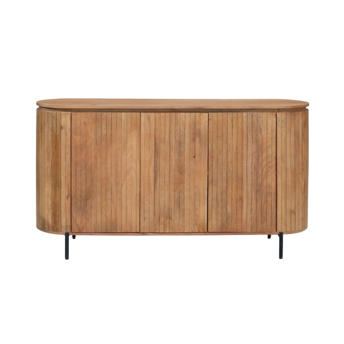 Dressoir Solana naturel mangohout 165 cm vooraanzicht met geribbelde deuren op metalen poten