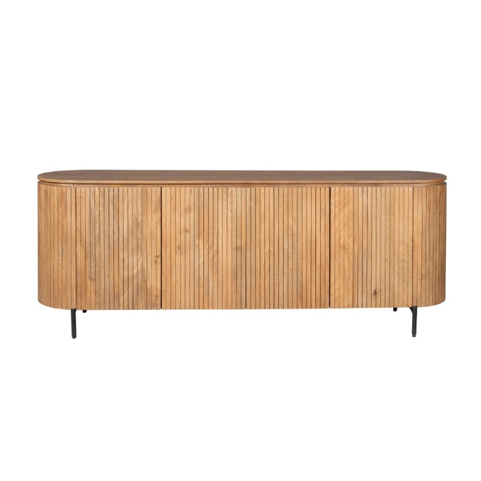 Dressoir Solana naturel mangohout 210 cm vooraanzicht met geribbelde deuren op metalen poten