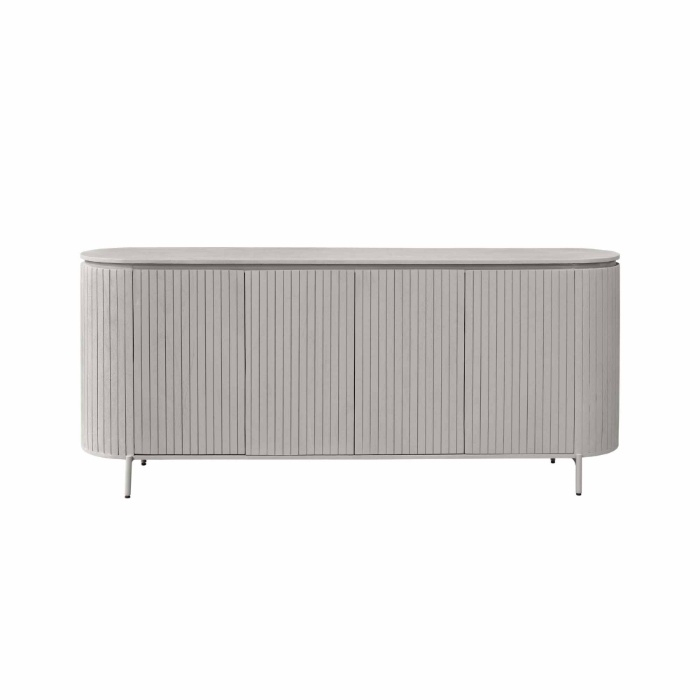 Dressoir Solana taupe mangohout 210 cm vooraanzicht met geribbelde deuren op metalen poten