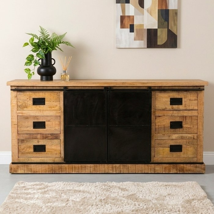Dressoir met schuifdeuren van mangohout en zwart staal