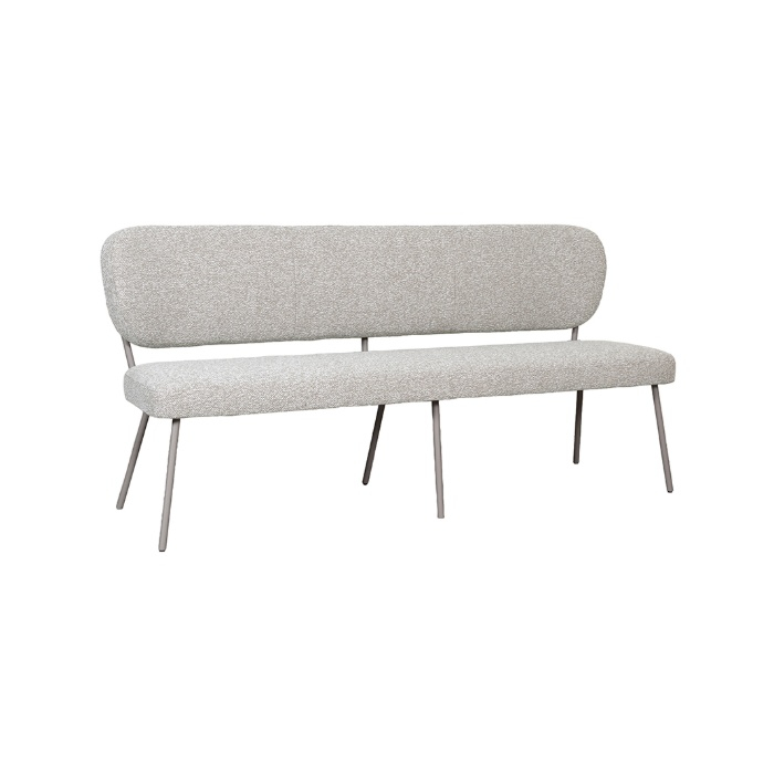 Eetkamerbank met rugleuning Sem 190 cm in crème bouclé met taupe poten, schuin van voren