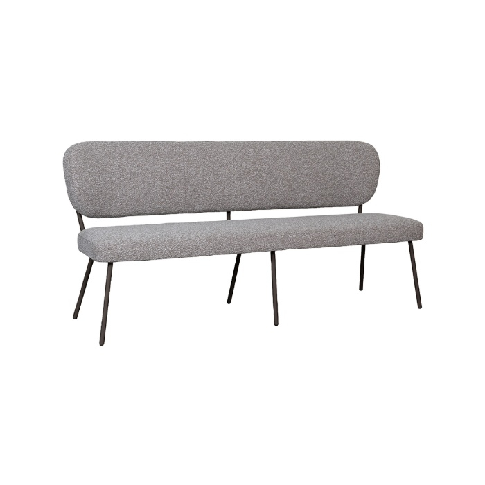 Eetkamerbank met rugleuning Sem 190 cm in grijs bouclé met bronzen poten, schuin van voren
