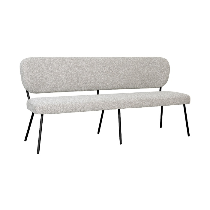 Eetkamerbank met rugleuning Sem 220 cm in crème bouclé met zwarte poten, schuin van voren