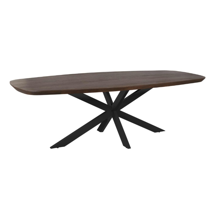 Eettafel Madison Deens ovaal bruin mangohout 240 cm met zwart onderstel met Deens ovaal blad op een zwarte metalen kruispoot