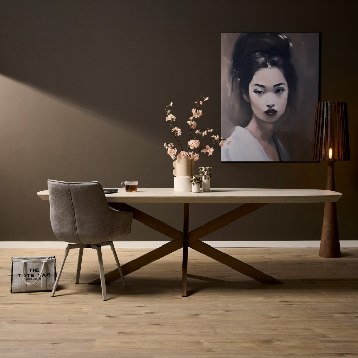 Deens ovale eettafel Madison zand 240 cm met bronskleurig matrix onderstel