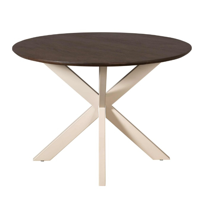 Eettafel Madison rond bruin mangohout 110 cm met zandkleurig onderstel met rond blad op een zandkleurige metalen kruispoot