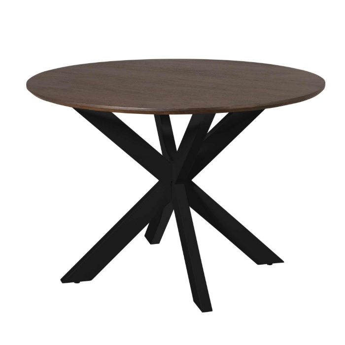Eettafel Madison rond bruin mangohout 110 cm met zwart onderstel met rond blad op een zwarte metalen kruispoot