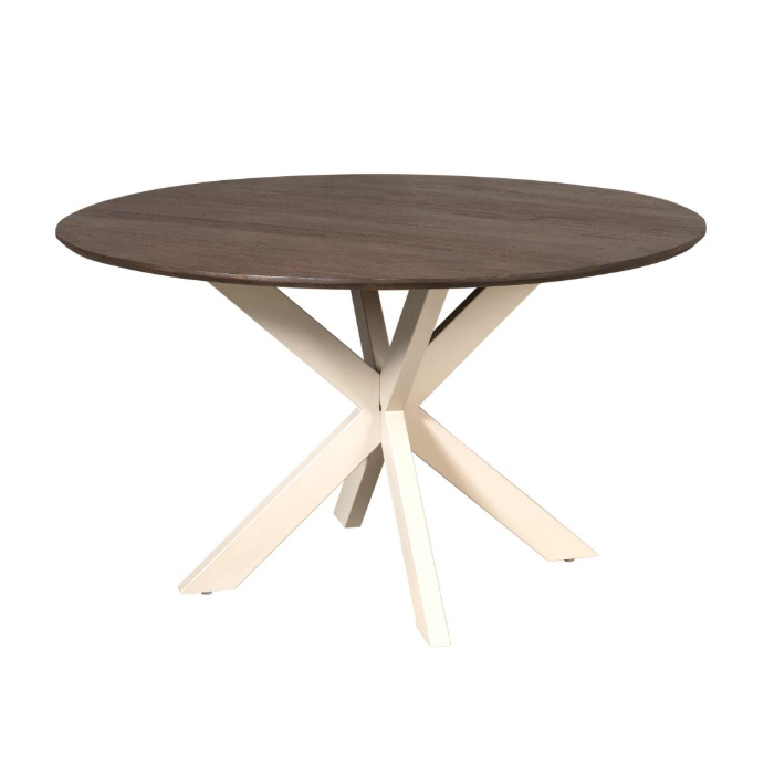 Ronde eettafel Madison bruin 130 cm vooraanzicht op zandkleurig onderstel