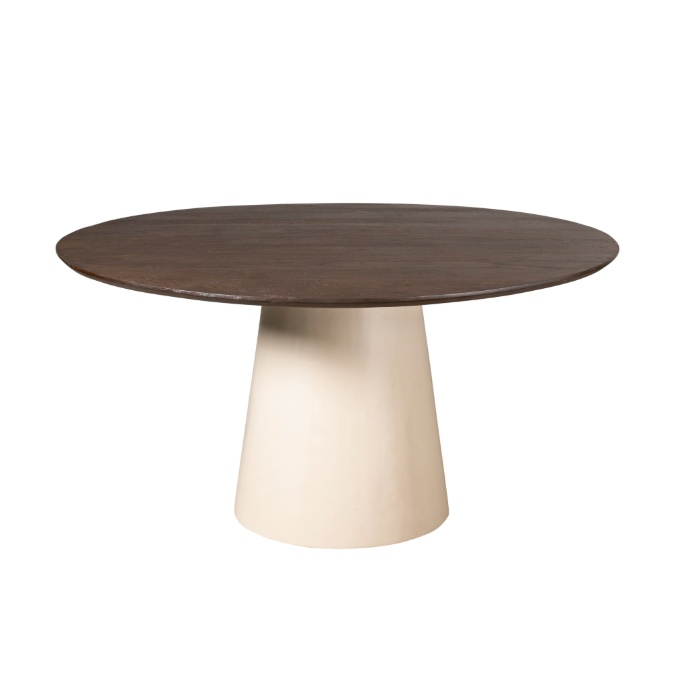 Ronde eettafel Madison bruin 150 cm vooraanzicht op zandkleurig conisch onderstel