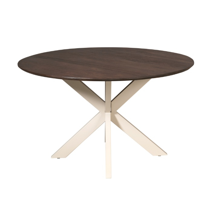 Eettafel Madison rond bruin mangohout 150 cm met zandkleurig onderstel met rond blad op een zandkleurige metalen kruispoot