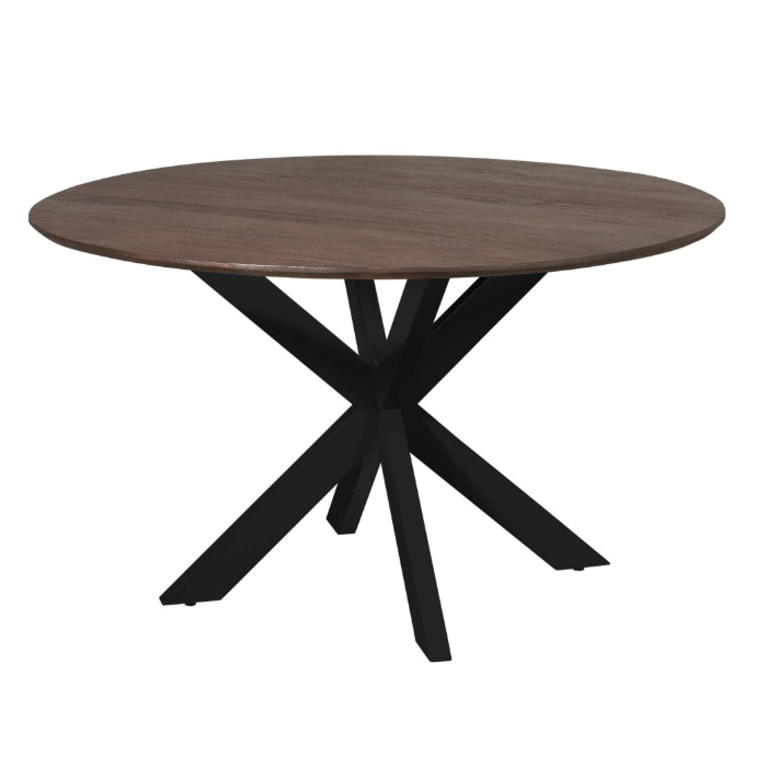 Eettafel Madison rond bruin mangohout 150 cm met zwart onderstel met rond blad op een zwarte metalen kruispoot