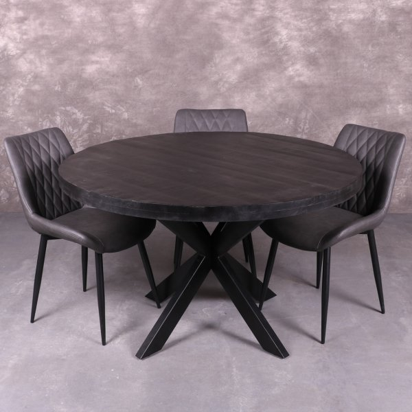 Zwarte ronde eettafel 110cm. Mangohout met stalen zwarte spinpoot.
