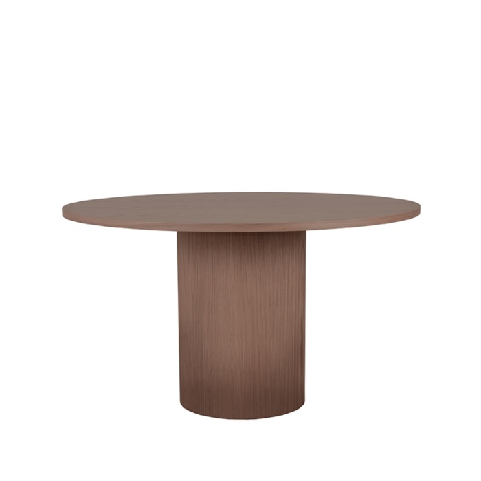 Eettafel rond Olivier in eikenlook walnoot, schuin van voren