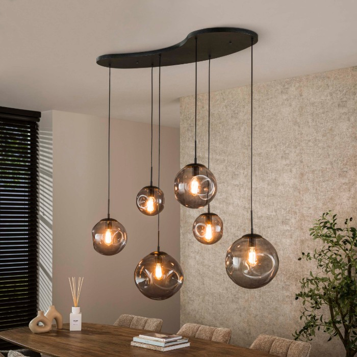Glazen hanglamp eettafel Remo zwart met 6 lampen - sfeerfoto 1