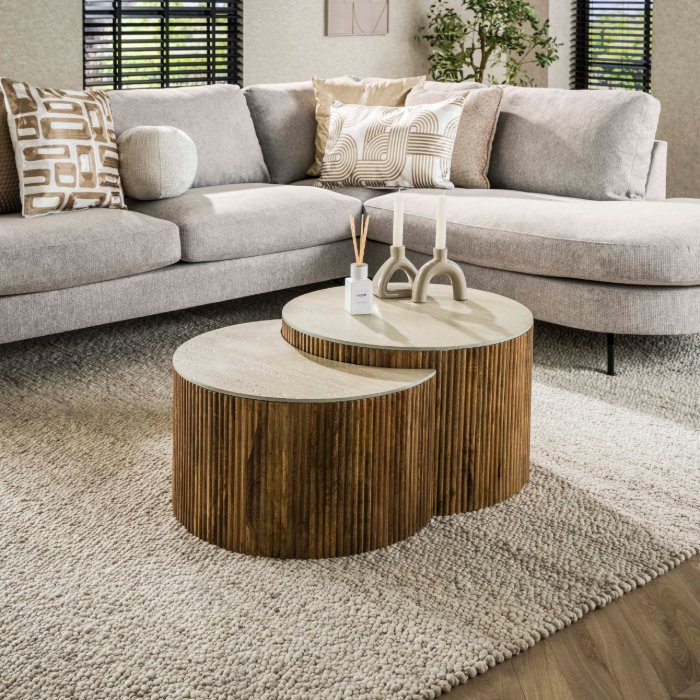 Halfronde salontafel travertinlook mangohout Nola set van 2 - sfeerfoto 1