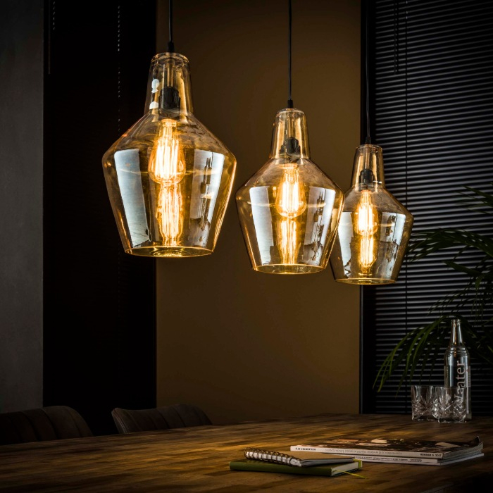 Hanglamp amber glas oud zilver 3 lampen Kaelo - sfeerfoto 1
