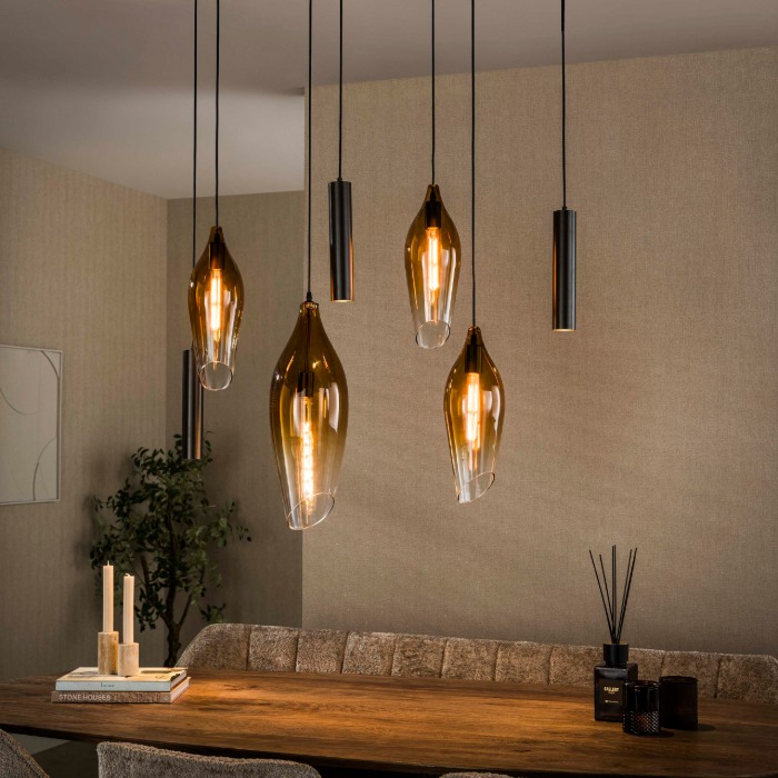 Hanglamp brons glas Tora met kleurverloop 7 lampen - sfeerfoto 1