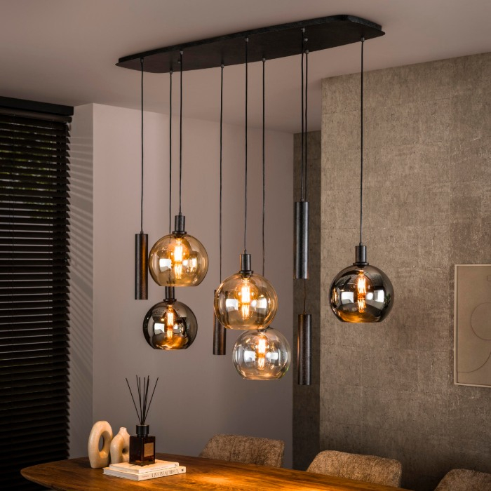 Hanglamp glazen bollen 9 lampen Makalu zwart - sfeerfoto 1