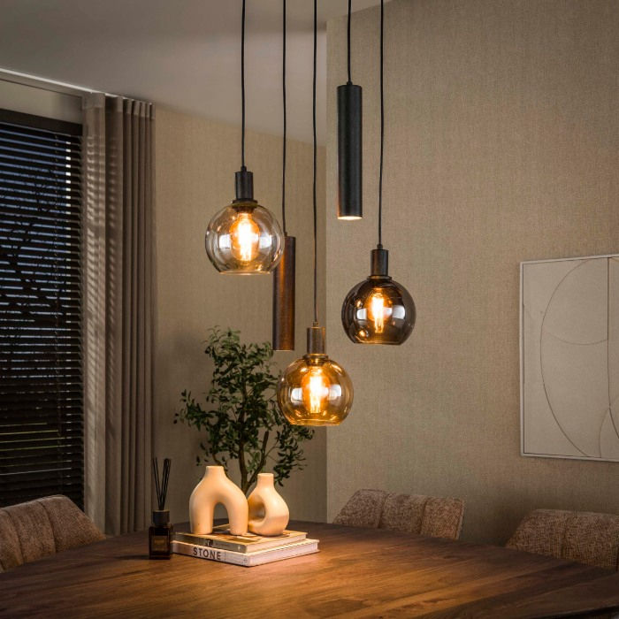 Hanglamp vide glazen bollen zwart 5 lampen Makalu - sfeerfoto 1