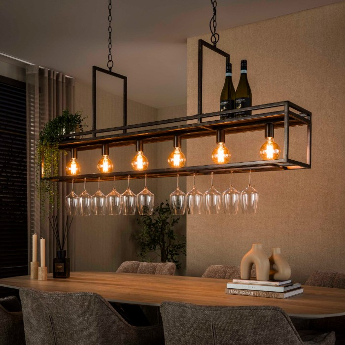 Hanglamp met wijnglazenrek 6 lampen Calo bruin - sfeerfoto 1