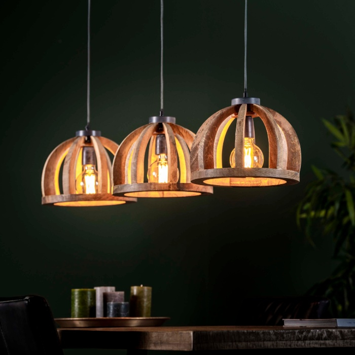 Houten hanglamp mangohout met 3 lampen Livo - sfeerfoto 1
