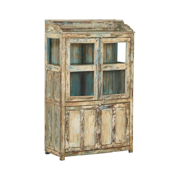 Indiase vitrinekast teakhout 4 deuren, blauw-wit