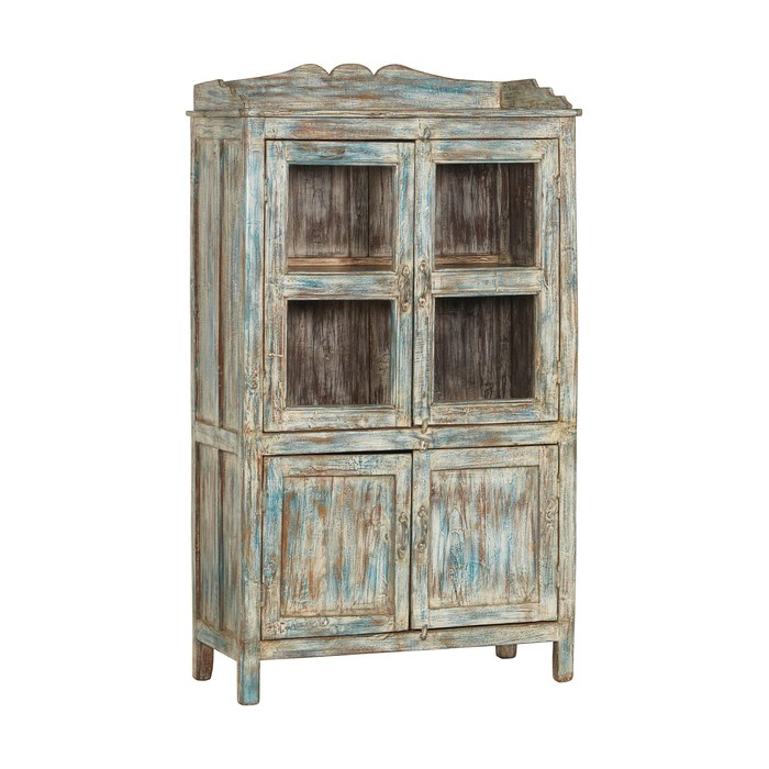 Indiase vitrinekast teakhout 4 deuren, grijs-blauw
