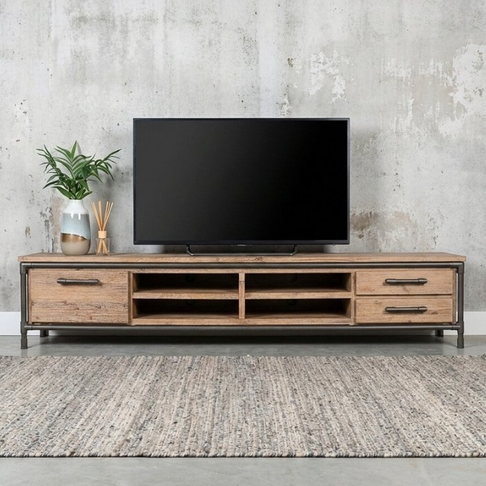 Industrieel tv meubel 220 cm met open vakken en lades