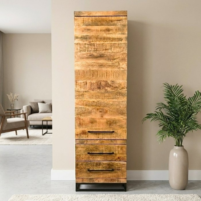 Smalle mangohouten kast met deur en lades