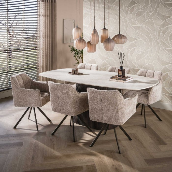 Keramische eettafel deens ovaal 215 cm Arda met centrale poot - sfeerfoto 1