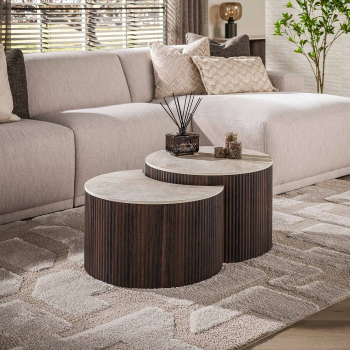 Keramische salontafel half rond natuursteenlook Arda set van 2 - sfeerfoto 1