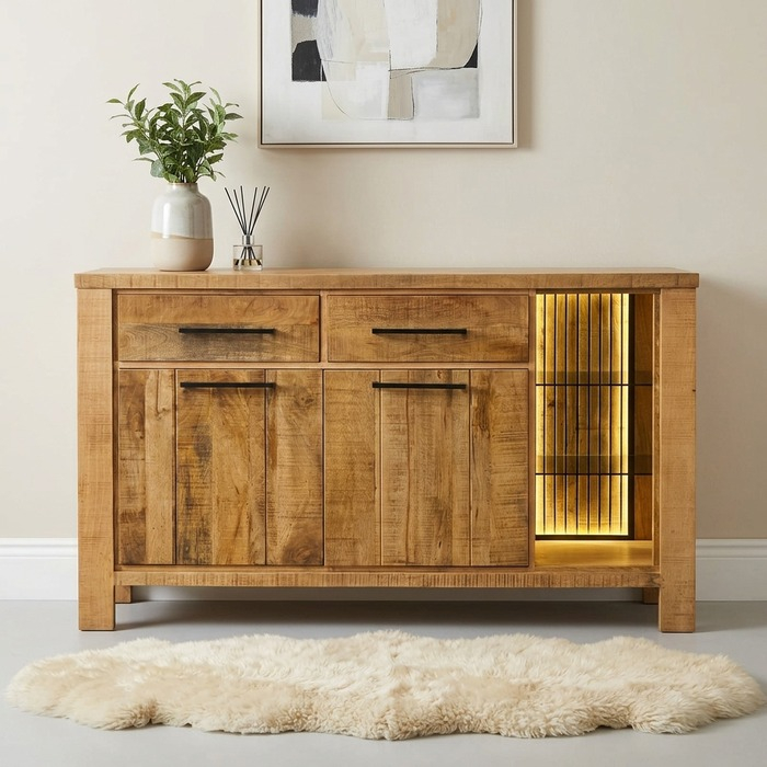 Mangohouten dressoir met verlicht vitrinevak, plant en geurstokjes in de woonkamer