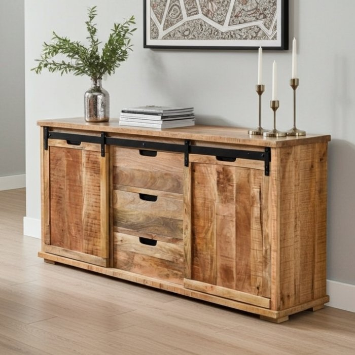 Mangohout dressoir van 175cm breed met schuifdeuren.