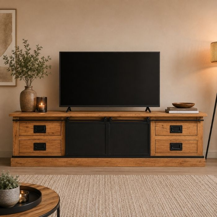 Mangohouten tv meubel van 180 cm met schuifdeur in een woonkamer met televisie, schilderij, plant in vaas en kaars op het blad
