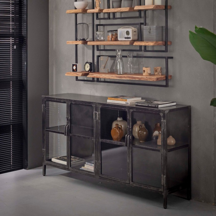 Metalen dressoir met glazen deuren 180 cm Edda antraciet - sfeerfoto 1